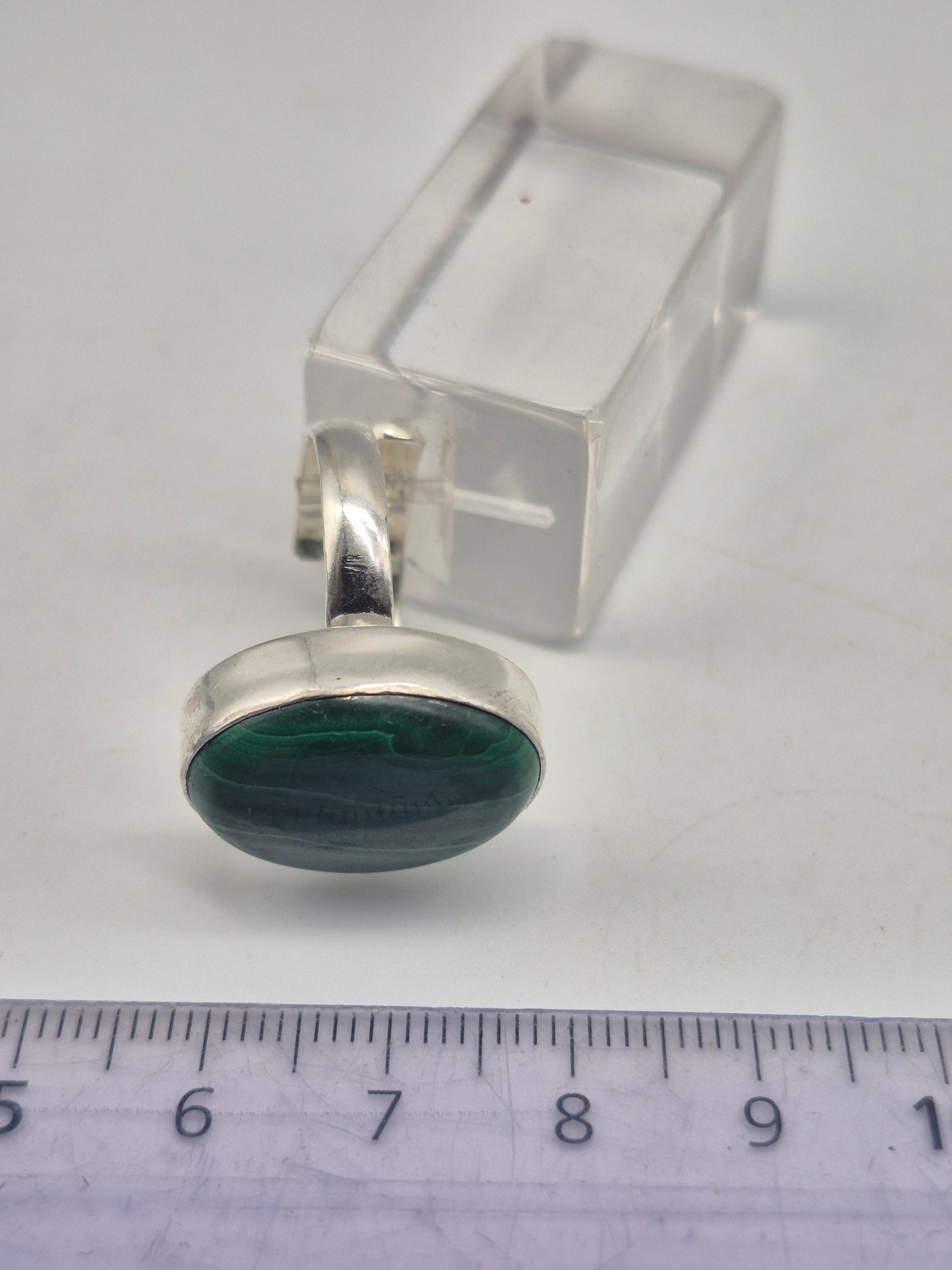 Malachite Adjustable Ring – Silver Plated Green Cabochon - Healing Crystal Jewelry