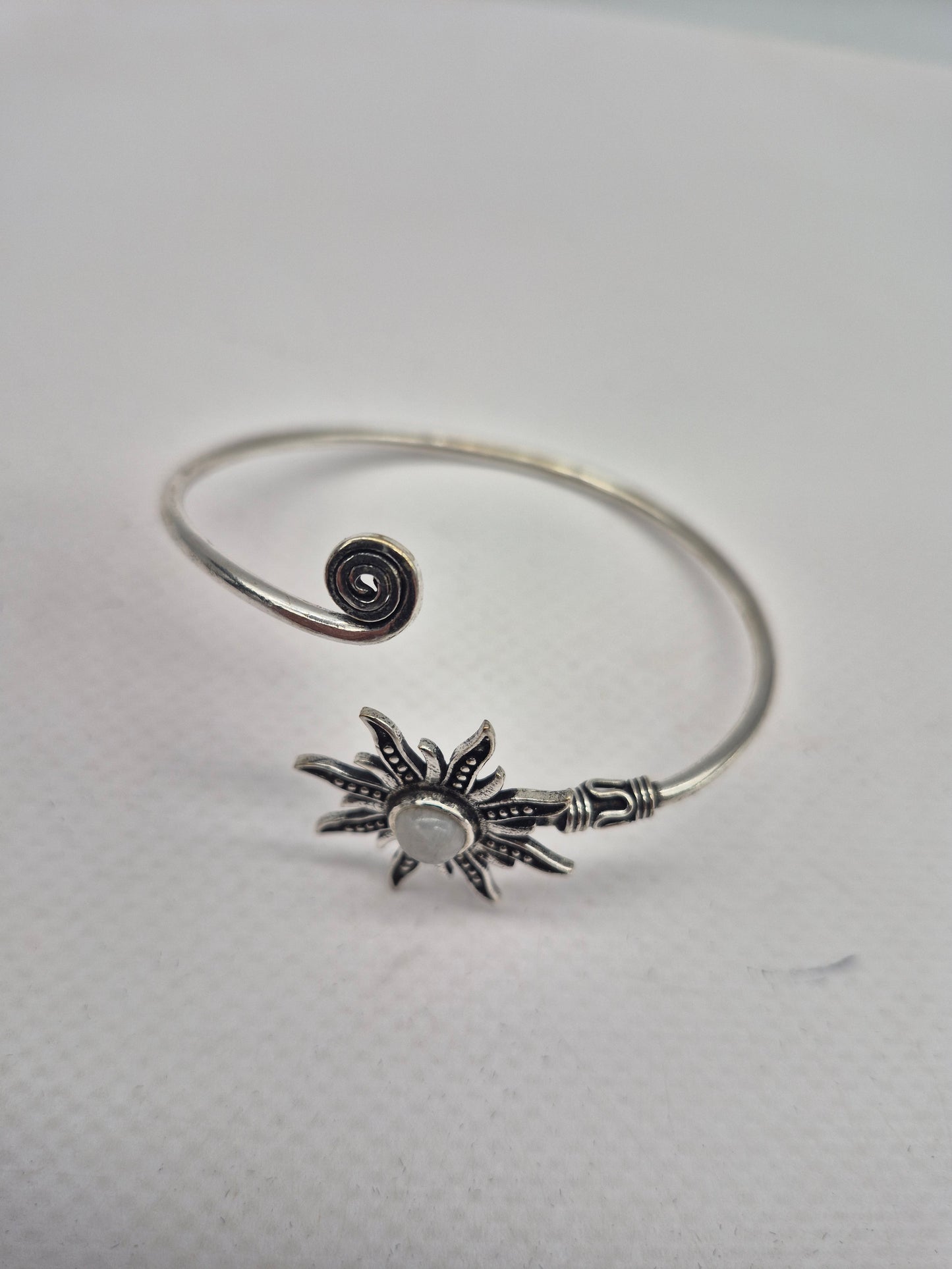 Silver Plated Moonstone Bangle Bracelet: Adjustable Crystal Torque