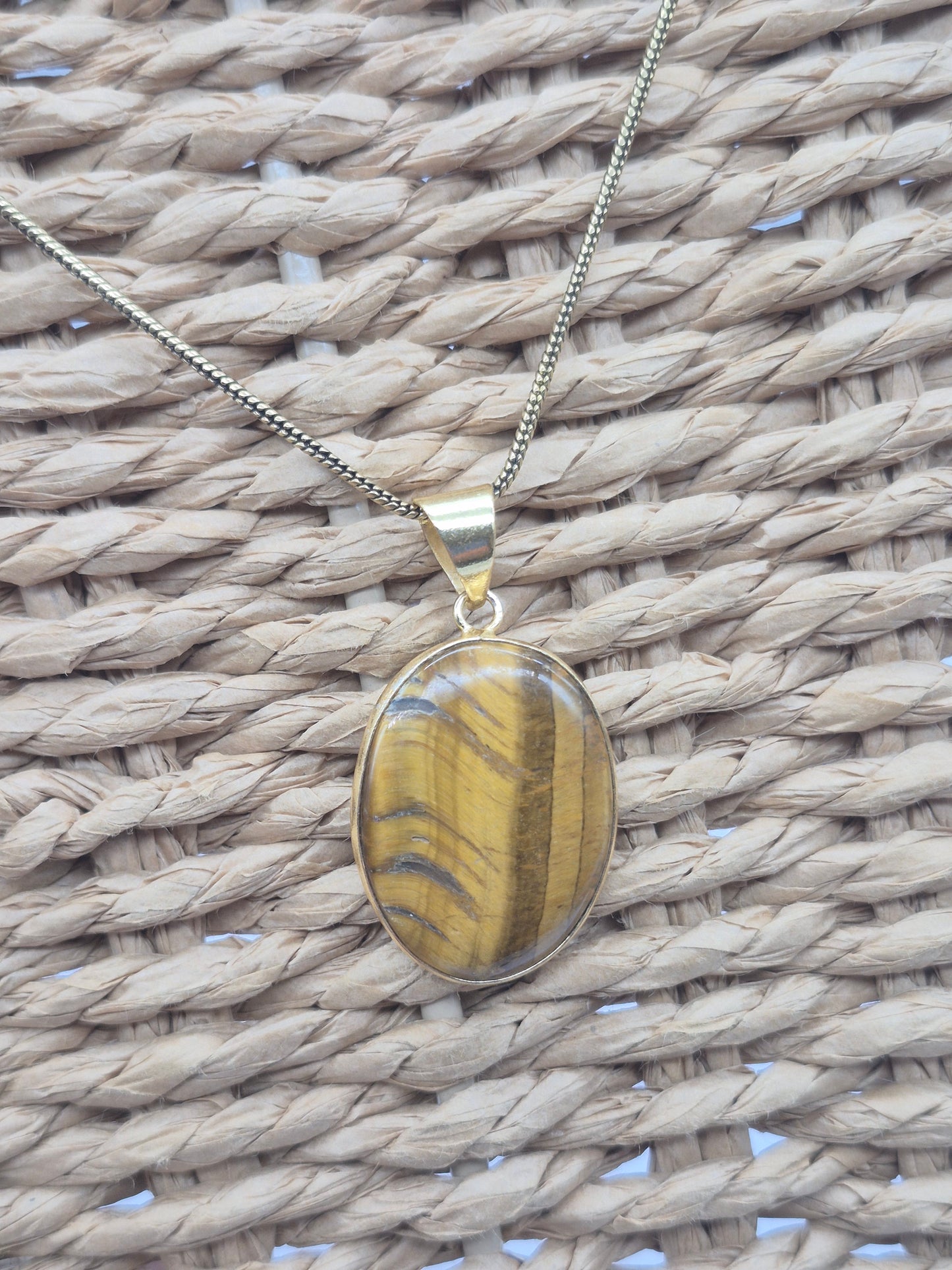 Tiger's Eye Crystal Brass Necklace Oval Shaped