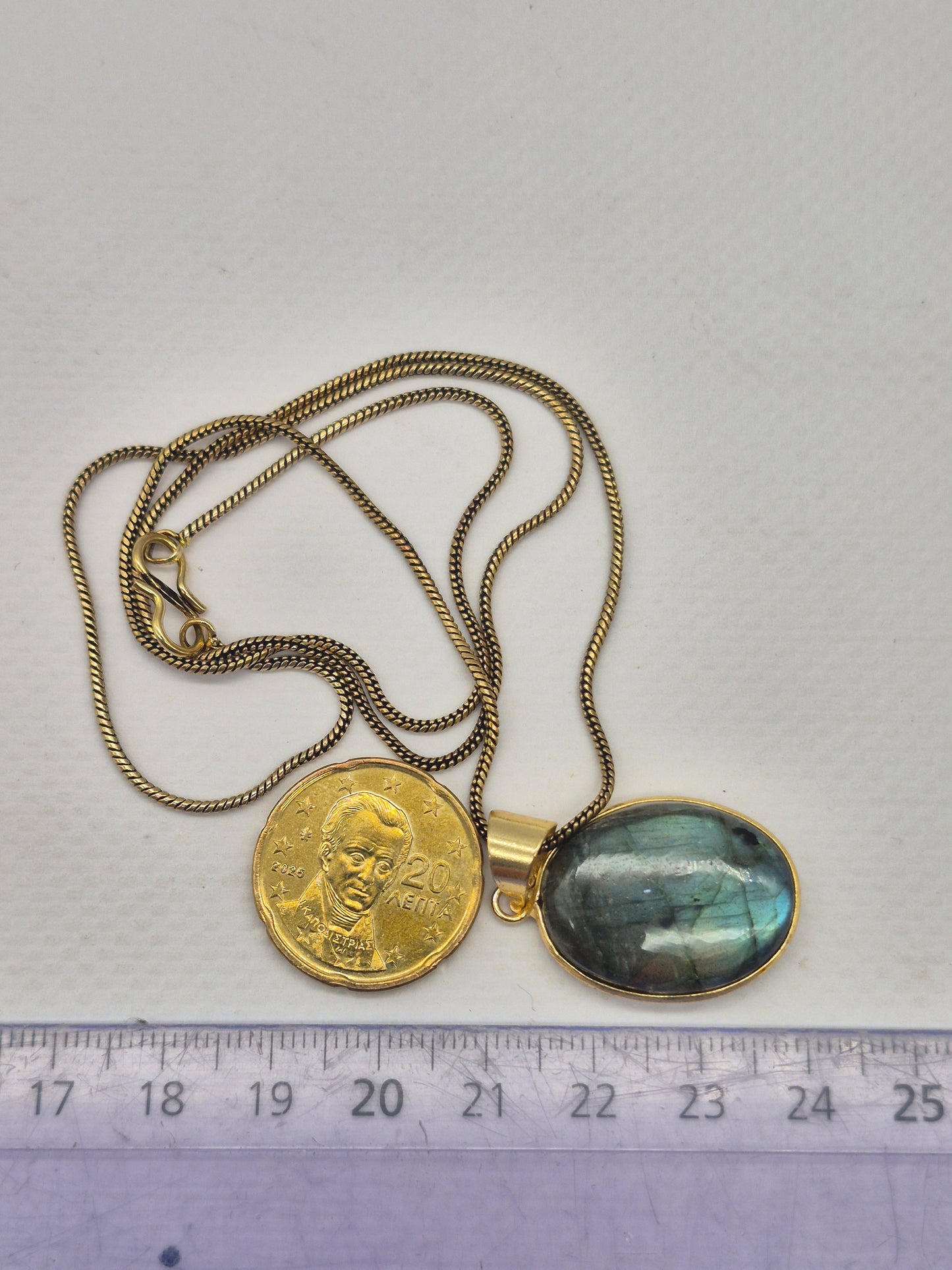 Labradorite Cabochon Brass Necklace - Brass Chain Oval Shaped