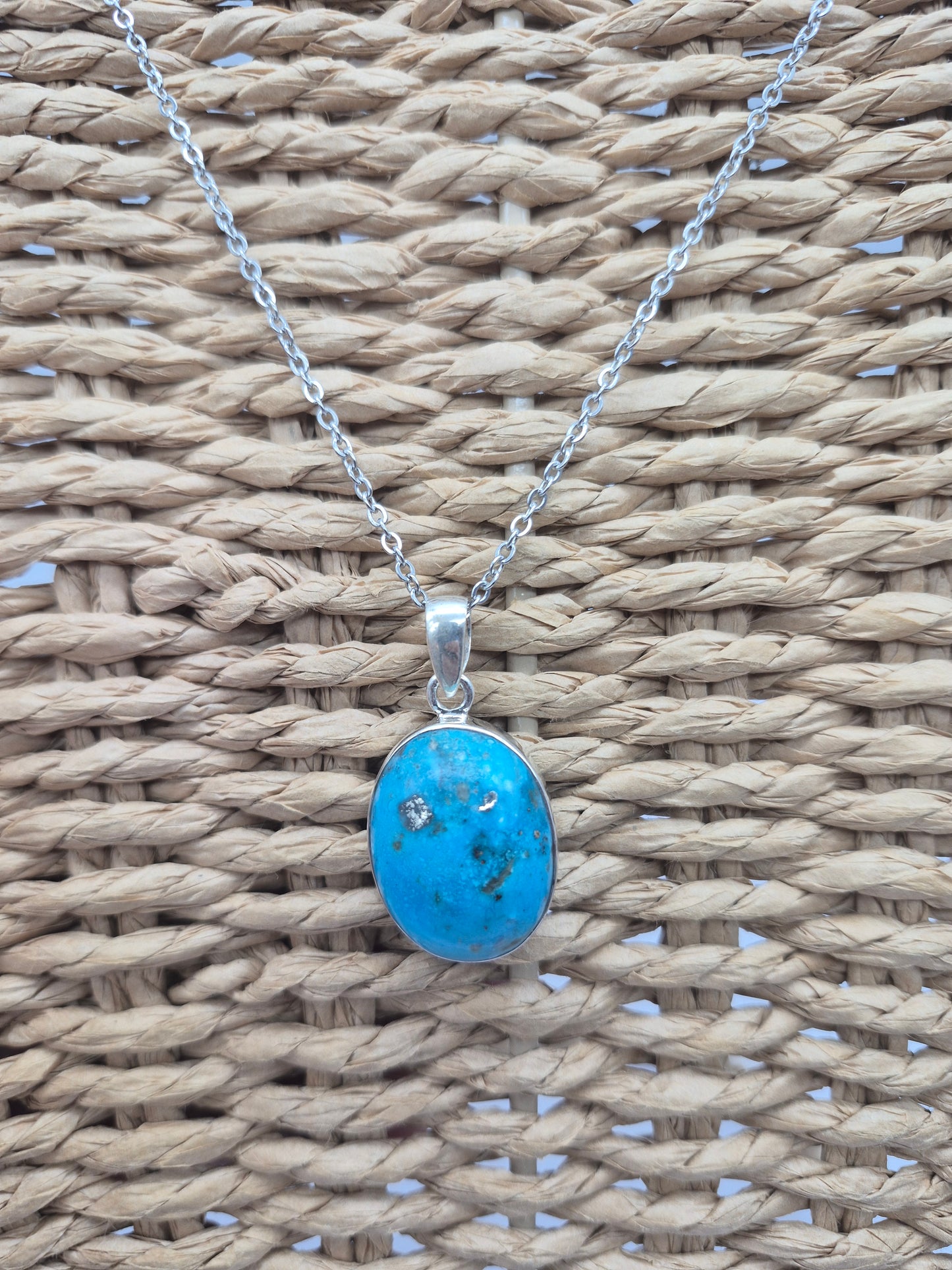 Authentic Natural Turquoise Silver Necklace with Steel Chain