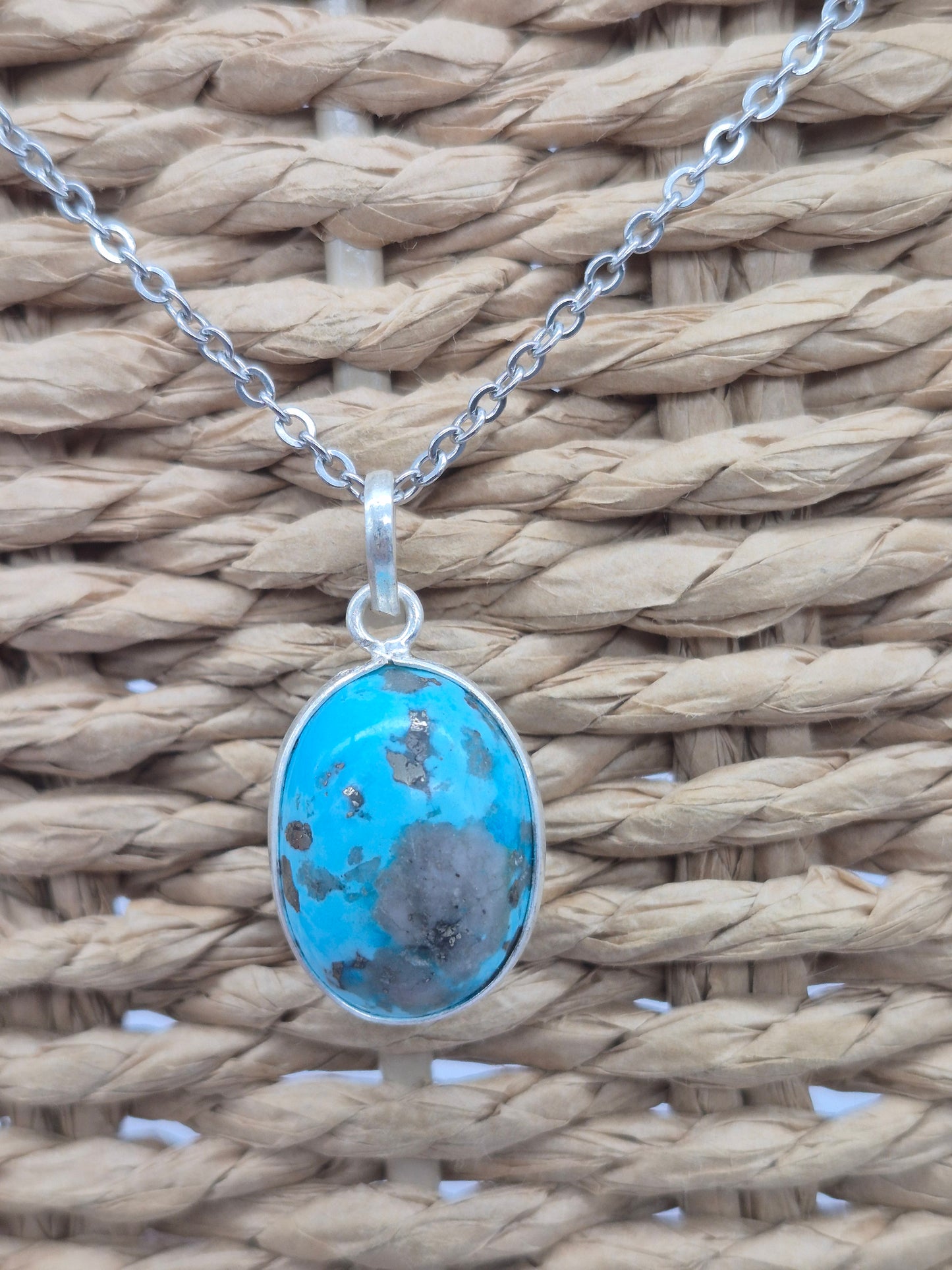 Turquoise Silver Necklace with Steel Chain