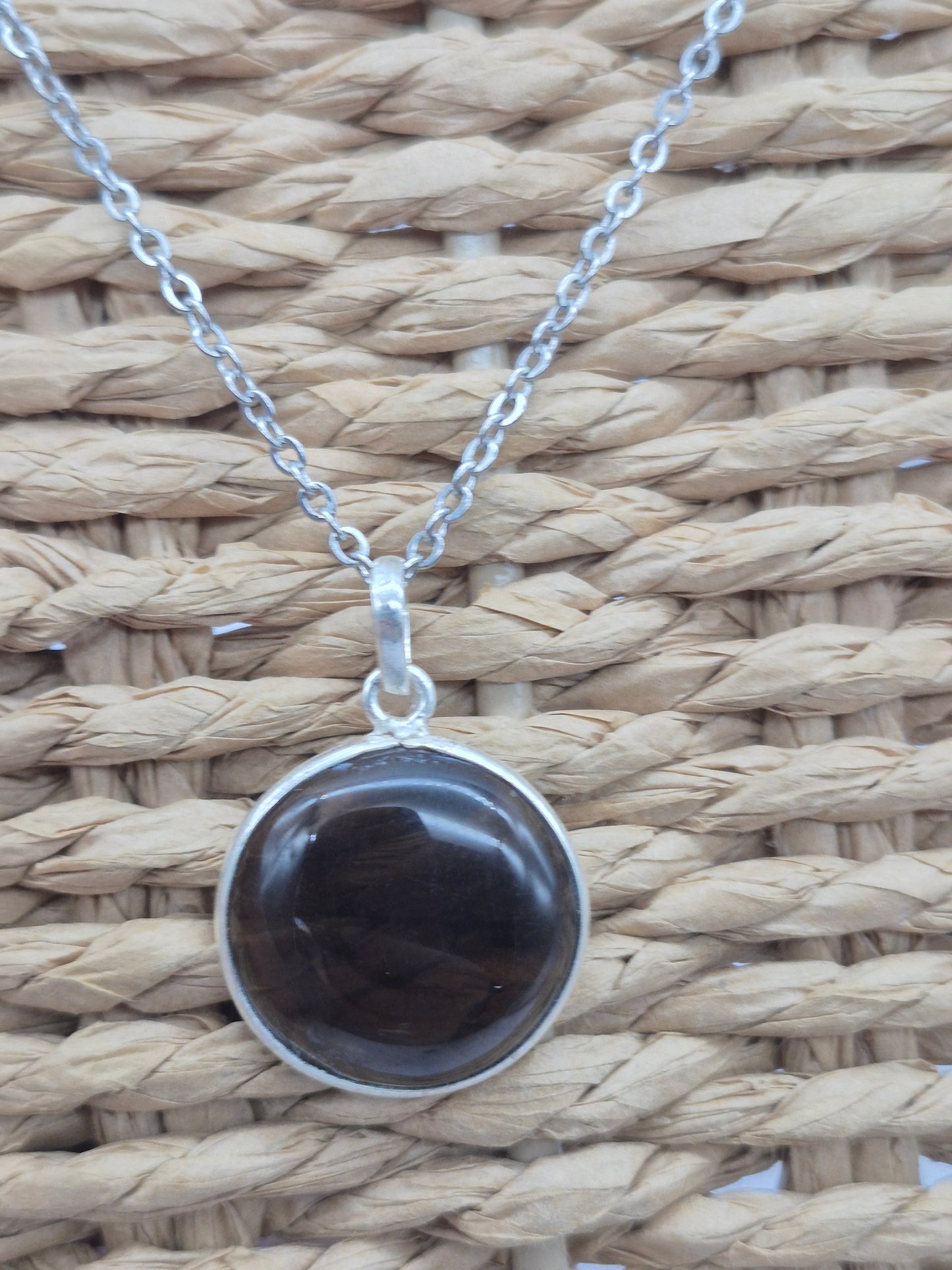 Smoked Quartz Silver 925 Round Pendant Oval Cabochon Crystal