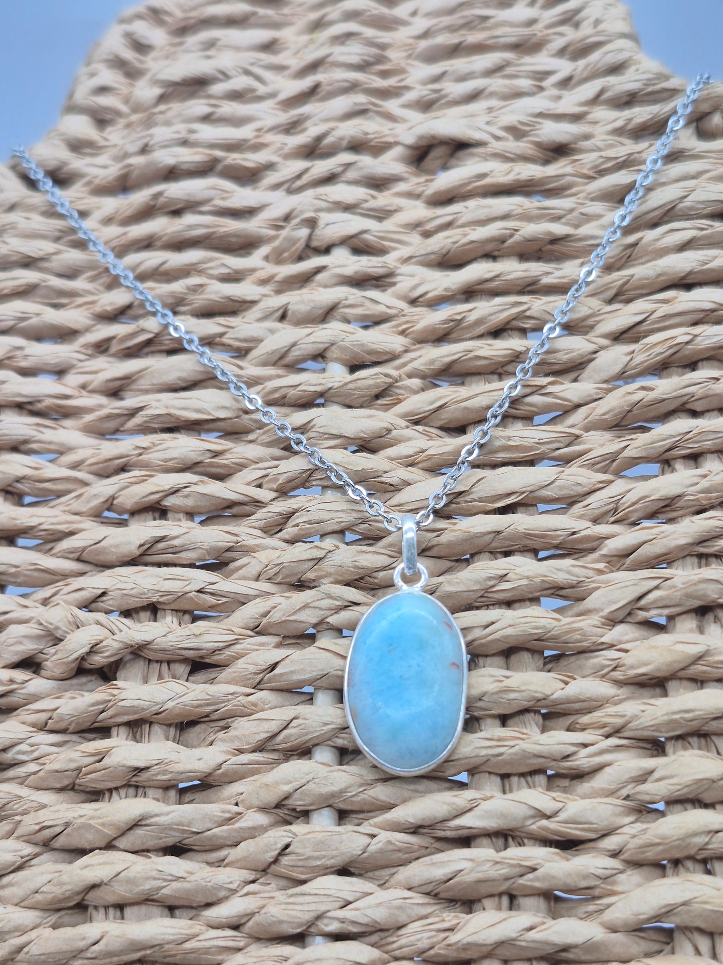 Larimar Silver 925 Oval Necklace – Larimar Pendant in Silver Bezel with Stainless Steel Chain