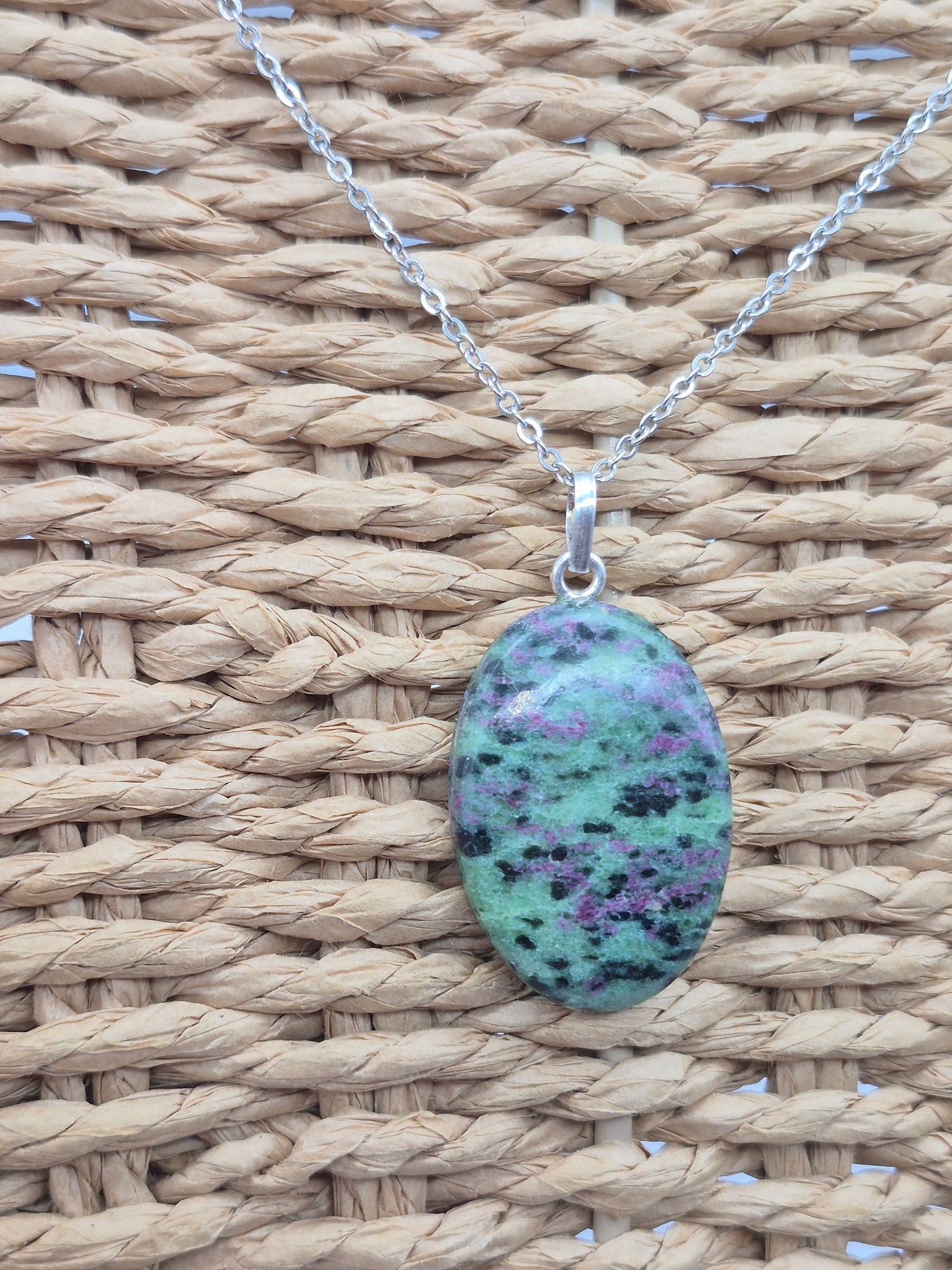 Ruby Zoisite Pendant Oval Shaped Silver Hoop, Stailnless steel Chain, Healing Crystal