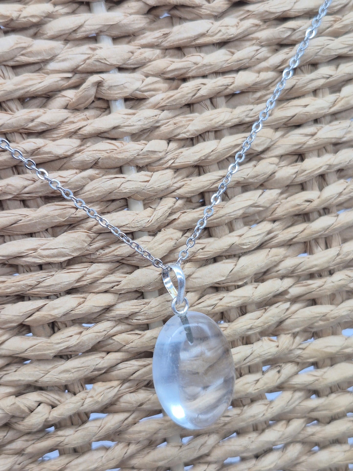 Clear Quartz Necklace Oval Shaped Silver Hoop, Stailnless steel Chain, Healing Crystal