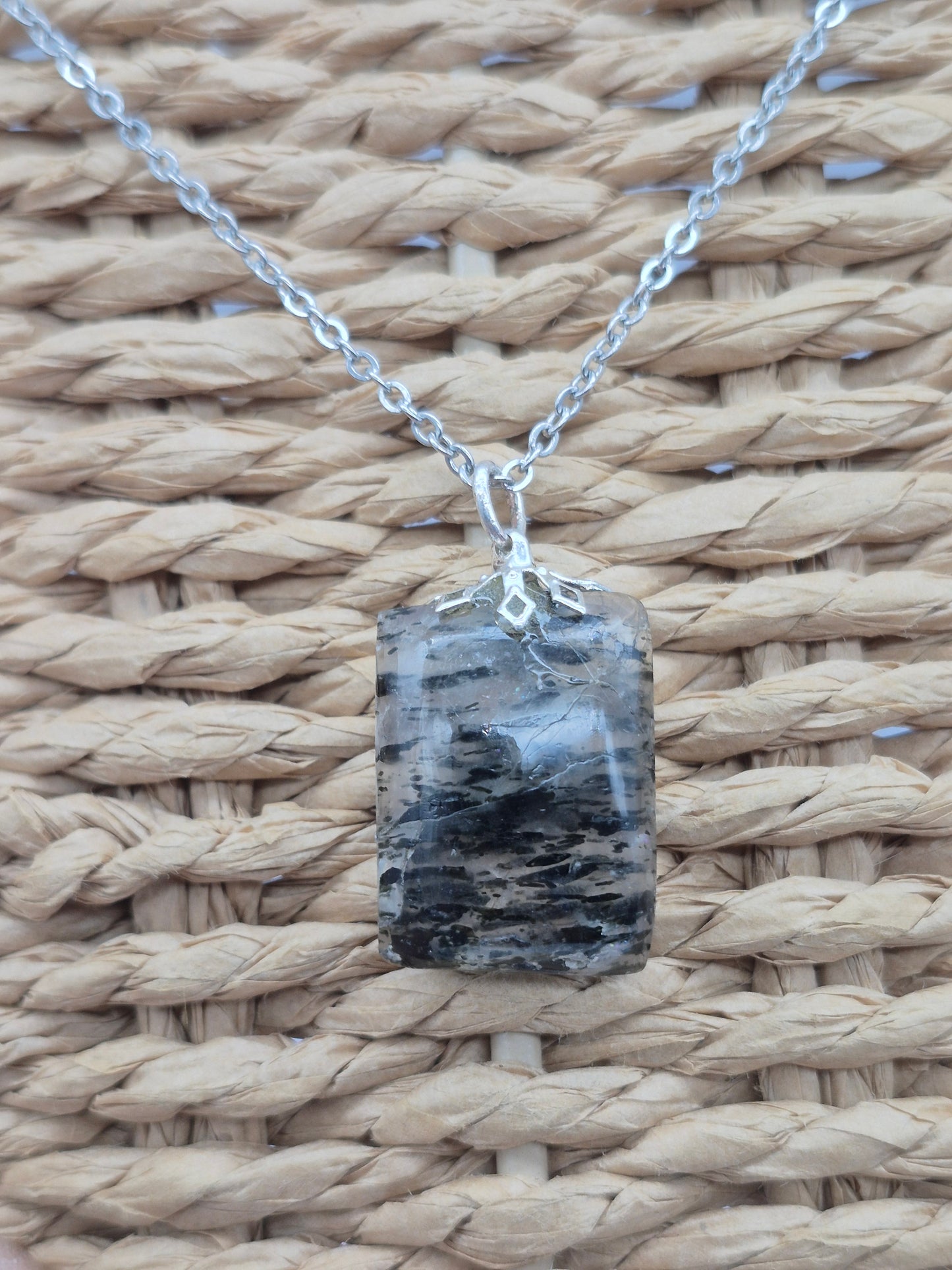 Quartz with Green Tourmaline Necklace Protection & Cleansing Crystal Silver Hoop, Stailnless steel Chain