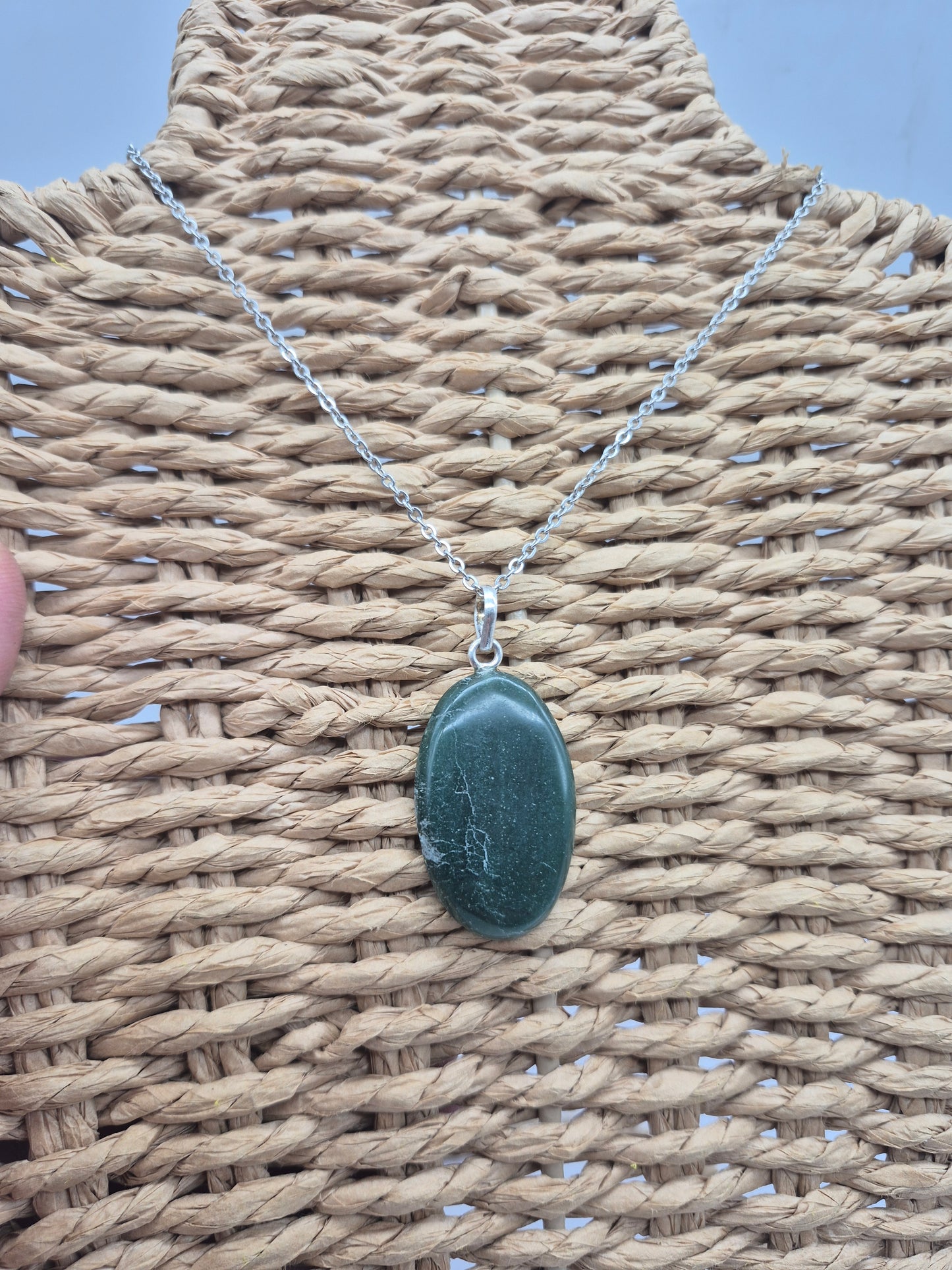 Green Aventurine Necklace – Crystal Pendant with Stainless Steel Chain, Silver Hoop