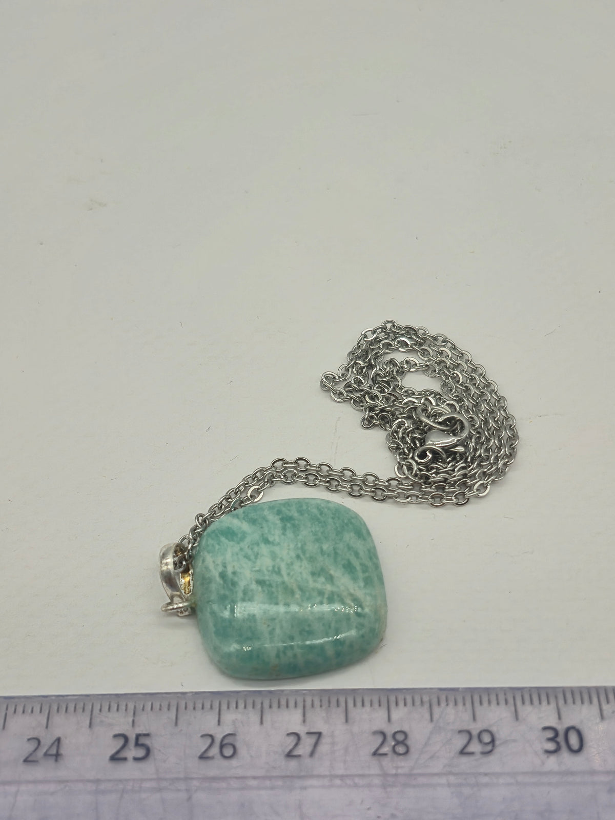 Amazonite Square Crystal Necklace: Minimalist Gemstone Chain pendant with Silver Hoop and Steel Chain