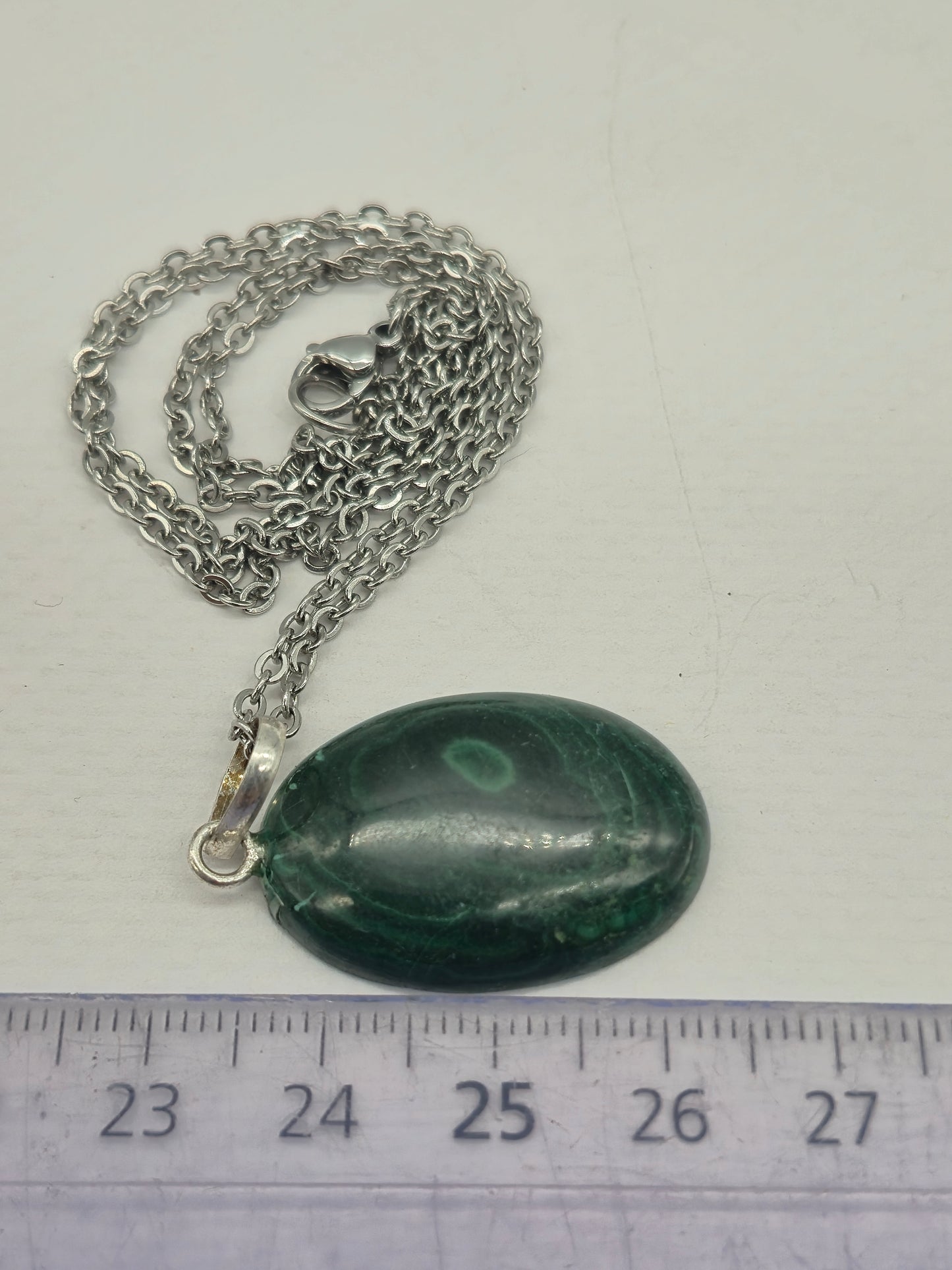 Handmade Malachite Oval Pendant: Stailnless steel Chain, Healing Crystal