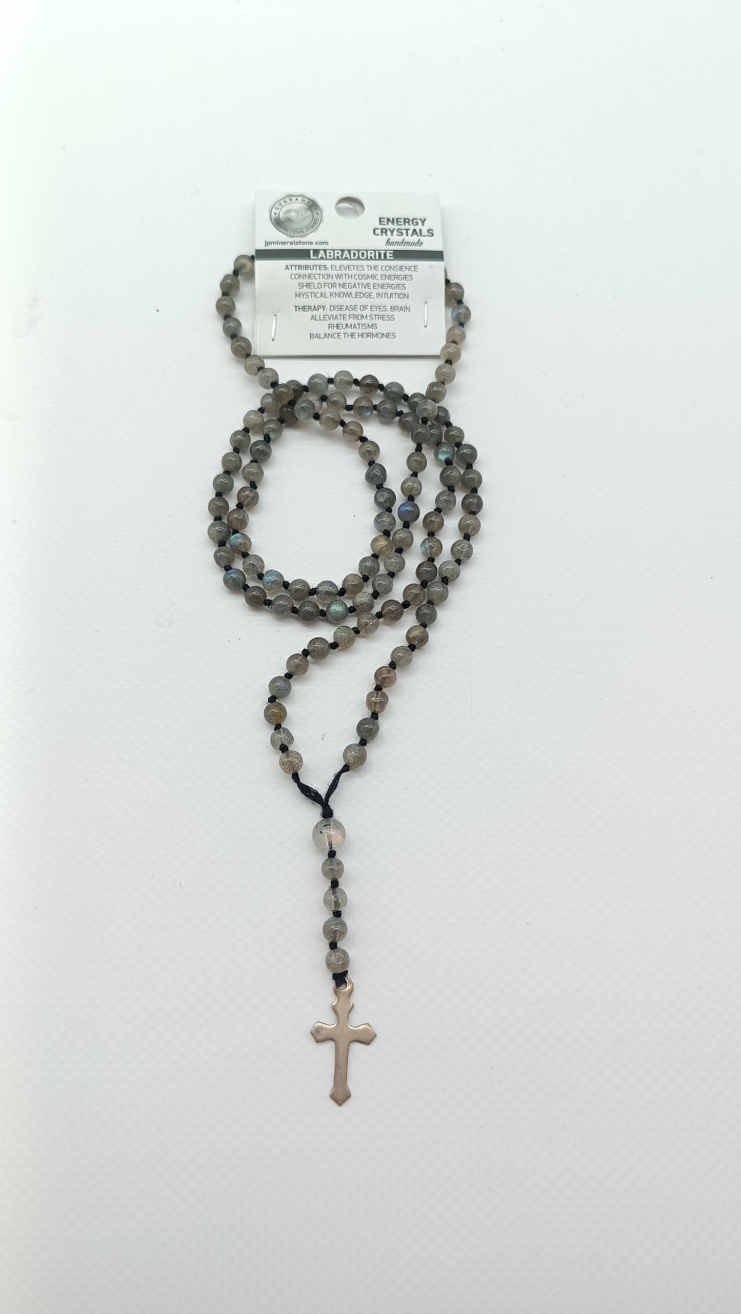 Rosenkranzperlen aus Labradoritkristall mit Medaillen-Kreuzstück aus 925er Sterlingsilber