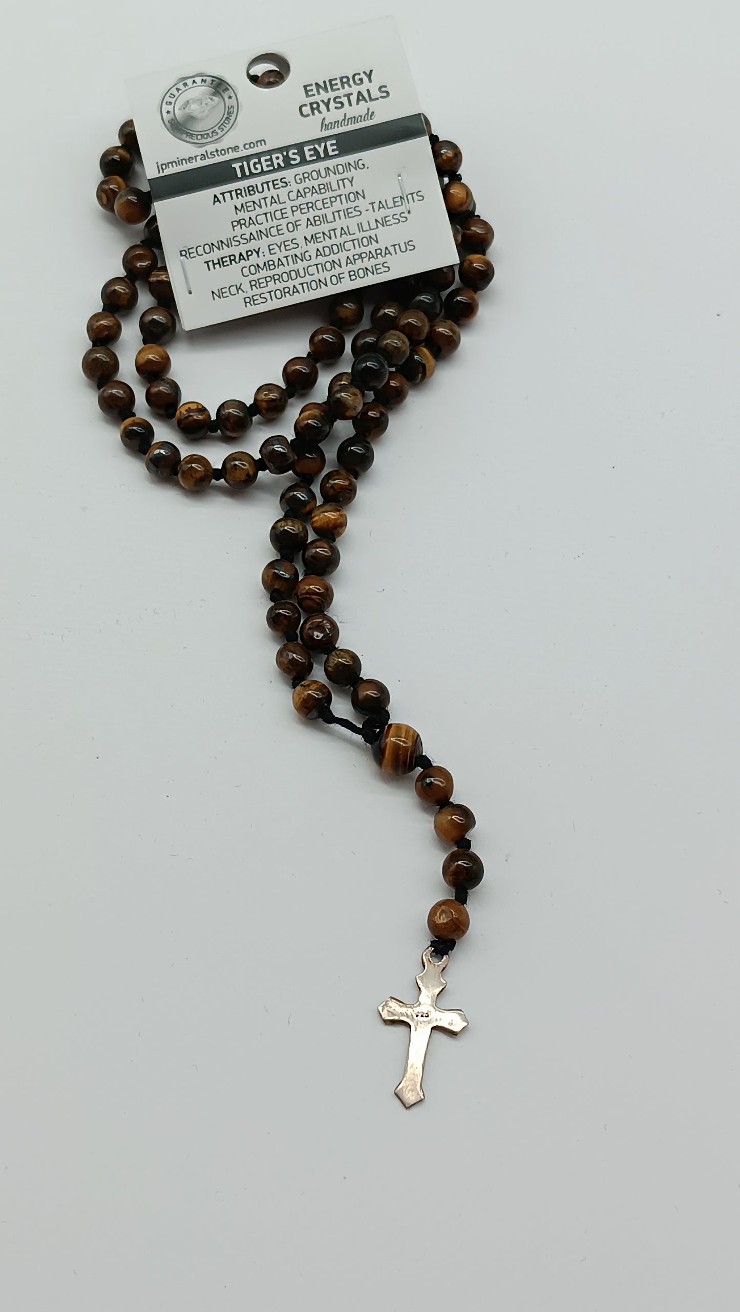 Rosenkranzperlen aus Tigerauge-Kristall mit Medaillen-Kreuzstück aus 925er Sterlingsilber