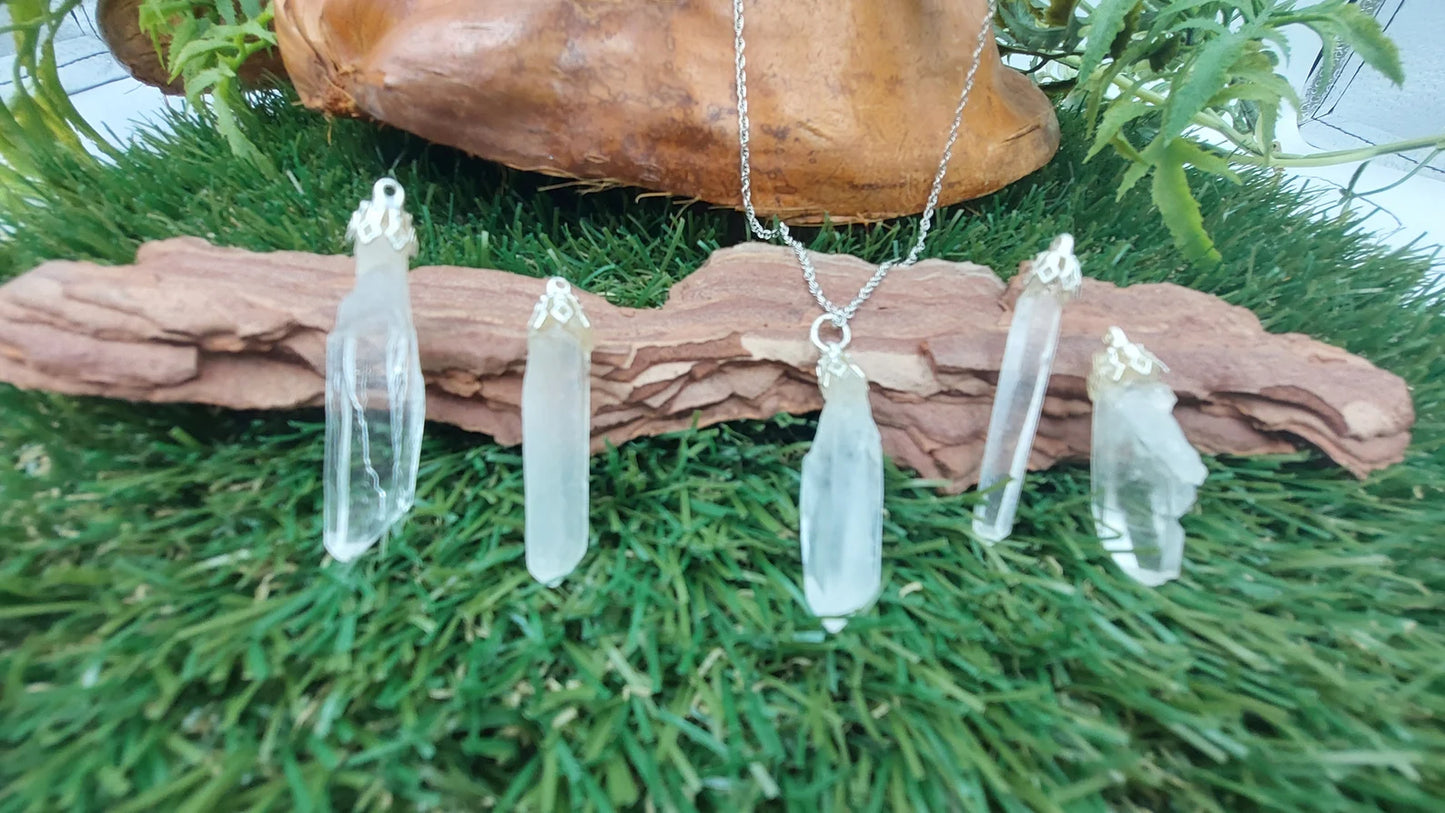 Raw Quartz Point Necklace - Steel Chain Crystal Pendant