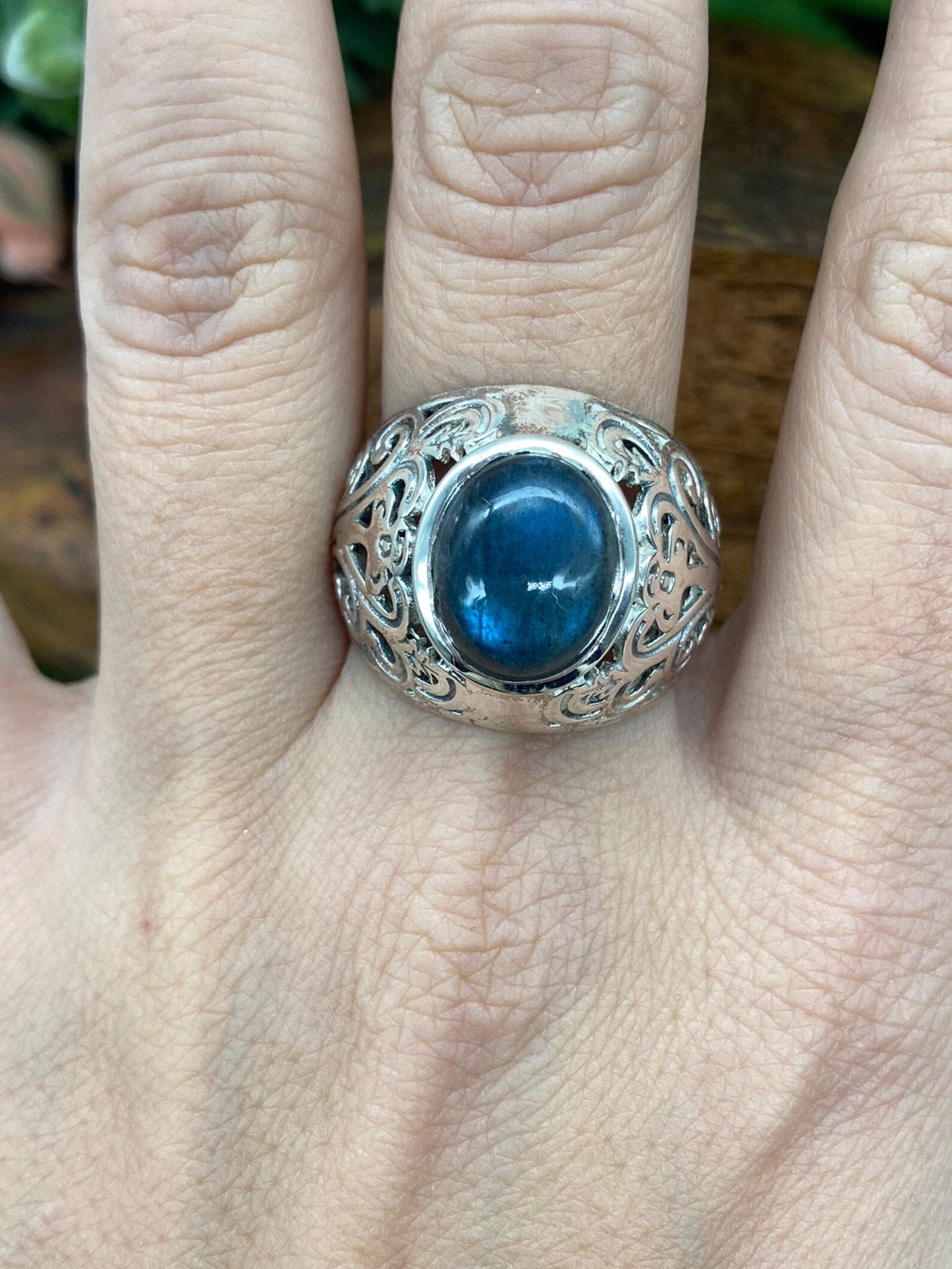 Handmade Labradorite Cabochon Statement Ring - Sterling Silver 925