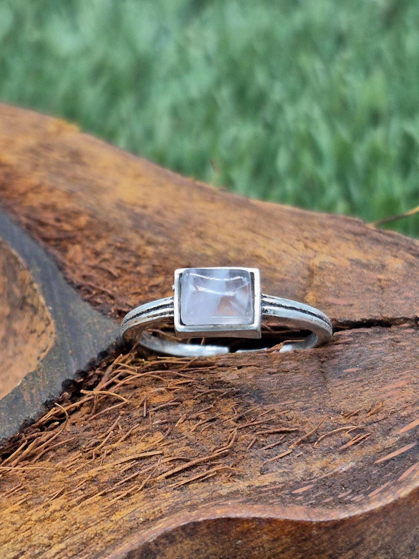 Rose Quartz Geometric Ring: Silver Plated Adjustable Band