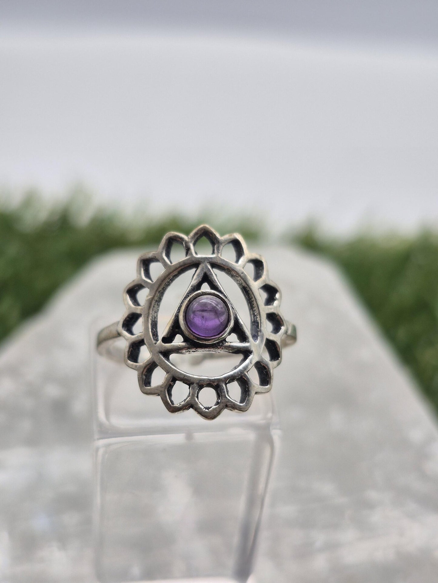 Amethyst Chakra Silver Plated Ring, Purple Crystal Adjustable Ring for Women