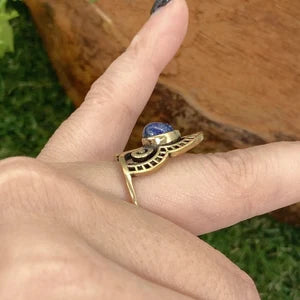 Lapis Lazuli Crystal Brass Ring, Tribal Gemstone Ring