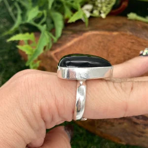Black Obsidian Crystal Silver Plated Adjustable Statement Ring
