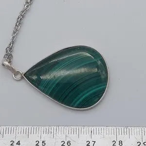 Malachite Crystal Necklace in Silver Bezel and Steel Chain