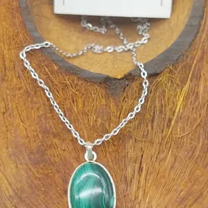 Malachite Cabochon Cut, Necklace, Silver 925
