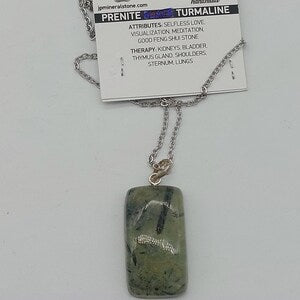 Prehnite with Green Tourmaline Crystal Necklace, Green Stone Necklace, Crystal Pendant, Steel Chain Necklace with Gemstone