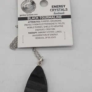 Raw Black Tourmaline Pendant Necklace in Silver Bezel with Steel Chain