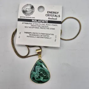 Amazing Malachite Brass Necklace with Brass Chain, Green Crystal Unisex Necklace