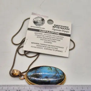 Big Blue Labradorite Brass Necklace with Brass Chain, Blue Crystal Necklace for Men and Women