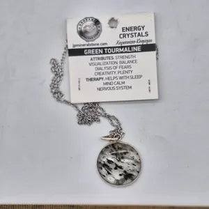 Clear Quartz Necklace with Green Tourmaline Inclusion – Silver Bezel Pendant on Stainless Steel Chain