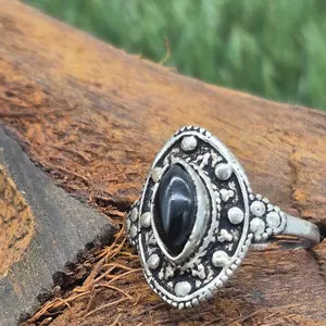 Black Obsidian Silver Plated Adjustable Ring for Women