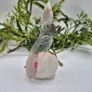 Vintage Carved Aventurine Parrot Bird on Raw Quartz Base, Rare Gemstone Bird Figurine