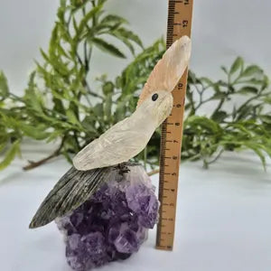 Quartz Carved Bird on Amethst Cluster Base Calcite Plum and Jade Tail, Gemstone Vintage Parrot Bird Sculpture Figurine