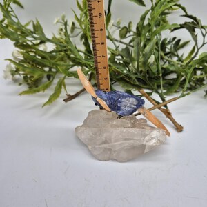 Vintage Sodalite Carved Bird on Quartz Point and Orange Calcite Details, Gemstone Bird Figurine