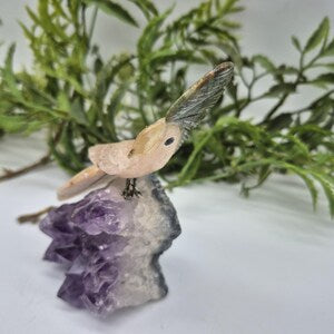 Rose Quartz Carved Bird on Amethyst Cluster with Jade and Calcite Details, Vintage Gemstone Bird Carving