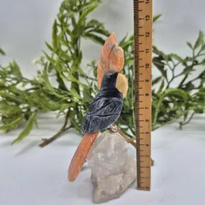Sodalite Carved Bird on Cler Quartz Point and Orange Calcite, Gemstone Bird Sculpture