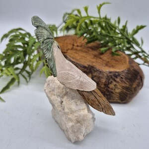 Rose Quartz Brazilian Parrot with Tiger Eye & Jade Feathers on Raw Quartz Base – Gemstone Bird Figurine, Crystal Animal Sculpture - RARE