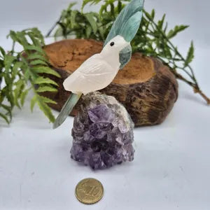 Rose Quartz Bird with Green Agate Feathers on Amethyst Cluster Base – Gemstone Bird Figurine, Crystal Animal Sculpture