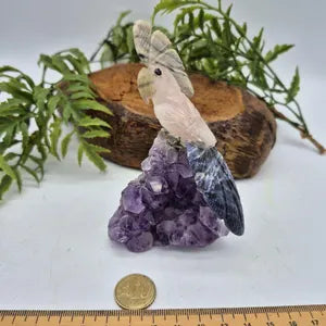Rose Quartz Brazilian Bird on Amethyst Cluster Base with Agate & Sodalite Feathers – Gemstone Bird Figurine, Crystal Animal Sculpture