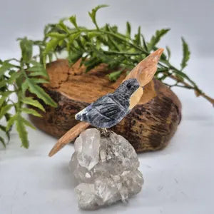 Sodalite Carved Bird with Orange Calcite Feathers on Raw Quartz Base – Gemstone Bird Figurine, Crystal Animal Sculpture, Nature Home Décor
