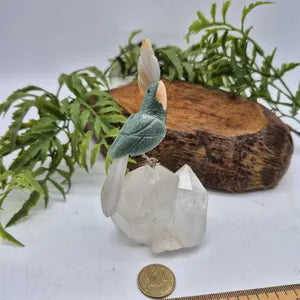 Green Aventurine Brazilian Carved Bird with Agate Details on Quartz Point Base , Vintage Gemstone Parrot Bird Sculpture