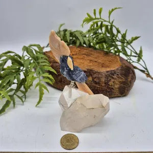 Sodalite Carved Bird on Cler Quartz Point and Orange Calcite, Gemstone Bird Sculpture