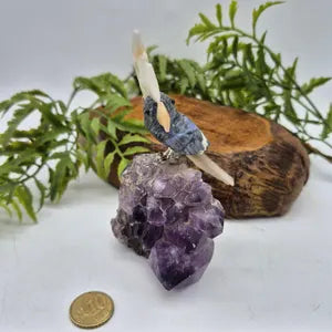 Sodalite Brazilian Carved Bird with Agate Details on Amethyst Cluster Base , Vintage Gemstone Parrot Bird Sculpture