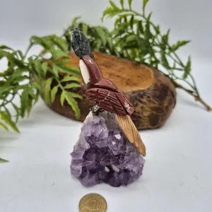 Jasper Carved Brazilian Bird on Amethyst Cluster, Crystal Bird Carving, Gemstone Bird Sculpture