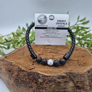 Lava and Howlite Braided Leather Bracelet with Magentic Clasp, Natural Volcanic Stone Wristband