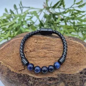 Blue Agate Leather Bracelet with Magnetic Clasp - Gemstone Wristband for Him