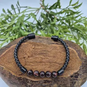 Red Tiger Eye Leather Mens Bracelet with Magnetic Clasp