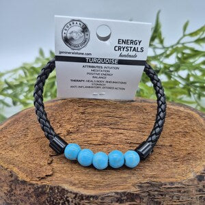 Turquoise Howlite Leather Bracelet – Men’s Magnetic Clasp Wristband, Healing Crystal Jewelry, Gift for Him