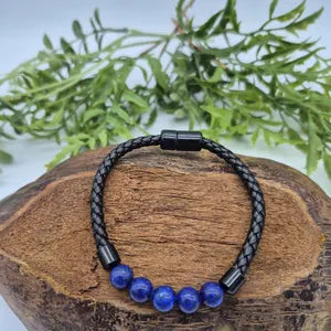Lapis Lazuli Braided Leather Bracelet with Magnetic Clasp - Evil Eye Protection Bracelet for Men