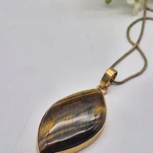 Tiger Eye Necklace with Brass Chain – 48cm – Handmade Brass Pendant