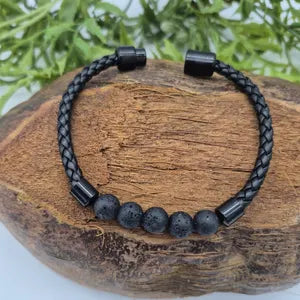 Volcanic Lava Stone Bracelet – Men’s Leather Wristband
